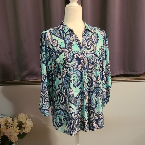 Emily Daniels Tops - Emily Daniels Embellished Paisley Print Blouse - Mint Green And Navy - Large